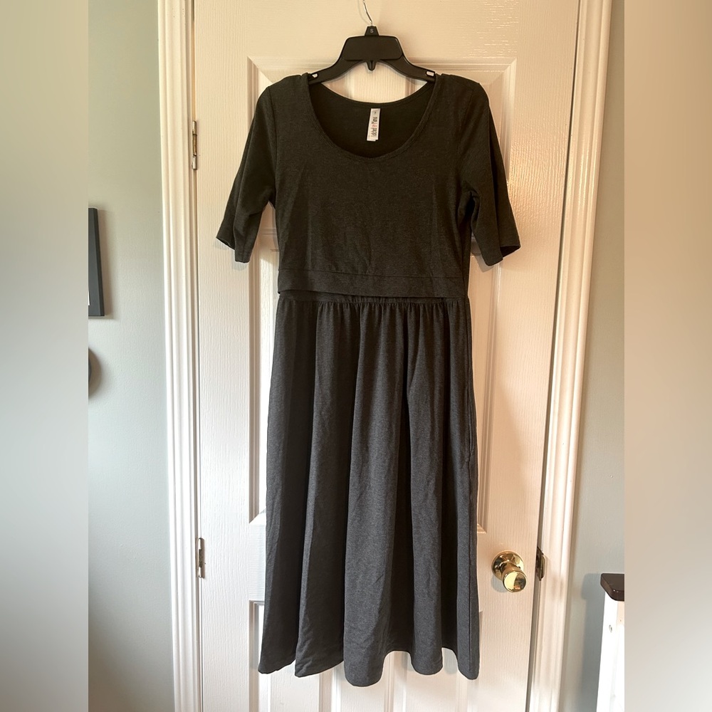 Latched Mama maternity and nursing dress with pockets - medium, charcoal gray